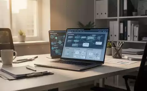 Sauberer, moderner Schreibtisch mit Laptop, der Geschäftsautomatisierungsdiagramme zeigt, in hellem, professionellem Umfeld. - Foto: über boerse-global.de