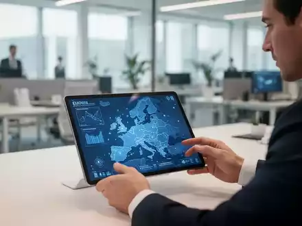 Ein Mitarbeiter arbeitet an einem Tablet mit einer digitalen EU-Karte, die die grenzüberschreitende Arbeitswelt symbolisiert. - Foto: über boerse-global.de