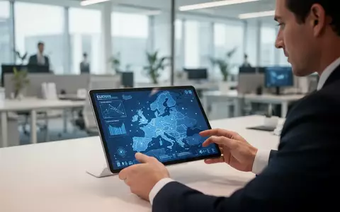 Ein Mitarbeiter arbeitet an einem Tablet mit einer digitalen EU-Karte, die die grenzüberschreitende Arbeitswelt symbolisiert. - Foto: über boerse-global.de