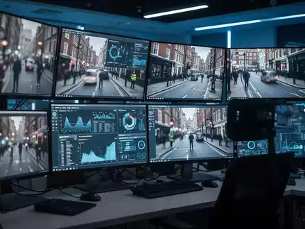 Modernes Polizei-Einsatzzentrum mit digitalen Überwachungsmonitoren, die Datenanalysen in einer High-Tech-Umgebung anzeigen. - Foto: über boerse-global.de