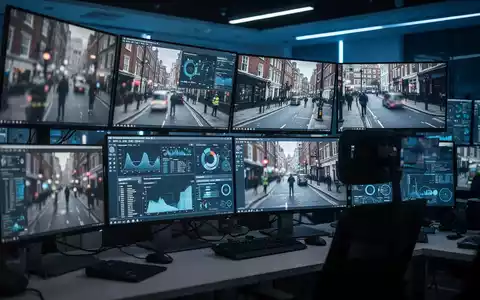 Modernes Polizei-Einsatzzentrum mit digitalen Überwachungsmonitoren, die Datenanalysen in einer High-Tech-Umgebung anzeigen. - Foto: über boerse-global.de
