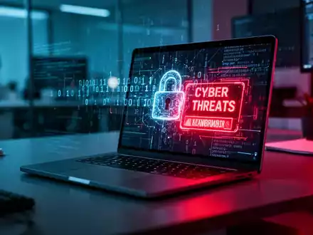 Leuchtender Laptop-Bildschirm mit Binärcode und Cyberwarnungen in dunklem Büro. - Foto: über boerse-global.de