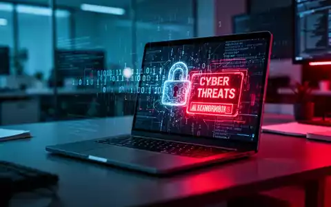 Leuchtender Laptop-Bildschirm mit Binärcode und Cyberwarnungen in dunklem Büro. - Foto: über boerse-global.de