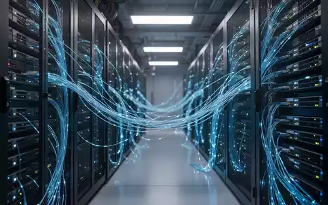 Moderne Server-Racks mit leuchtend blauen Kabeln, die digitale Infrastruktur und KI-Sicherheit darstellen. - Foto: über boerse-global.de