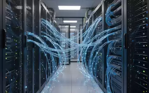 Moderner High-Tech-Rechenzentrum-Serverraum mit leuchtend blauen Glasfaserkabeln, die das Wachstum der KI-Infrastruktur symbolisieren. - Foto: über boerse-global.de
