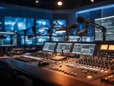 Moderne Regietechnik in einem Fernsehstudio mit Monitoren und Mischpulten vor unscharfem Hintergrund. - Foto: über boerse-global.de