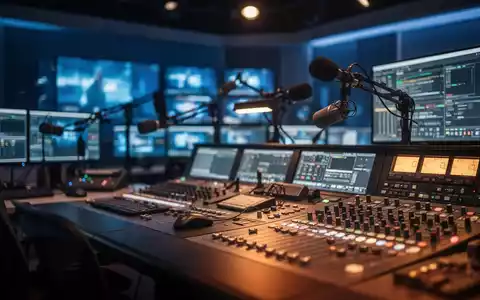 Moderne Regietechnik in einem Fernsehstudio mit Monitoren und Mischpulten vor unscharfem Hintergrund. - Foto: über boerse-global.de