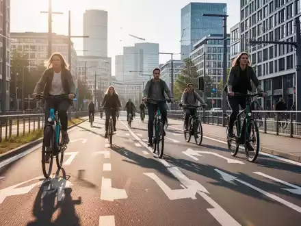 Pendler auf einer modernen Radschnellverbindung in einer deutschen Stadt bei sonnigem Wetter. - Foto: über boerse-global.de