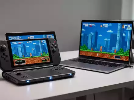 Ein Handheld-Gaming-PC und ein Laptop auf einem Schreibtisch, die die Integration klassischer Xbox-Spiele auf moderne Windows-PCs darstellen. - Foto: über boerse-global.de
