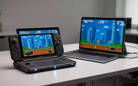 Ein Handheld-Gaming-PC und ein Laptop auf einem Schreibtisch, die die Integration klassischer Xbox-Spiele auf moderne Windows-PCs darstellen. - Foto: über boerse-global.de