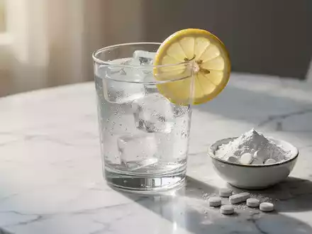 Ein Glas Mineralwasser mit Zitrone und Eiswürfeln neben Magnesium-Tabletten auf einem hellen Marmortisch im Sommerlicht. - Foto: über boerse-global.de