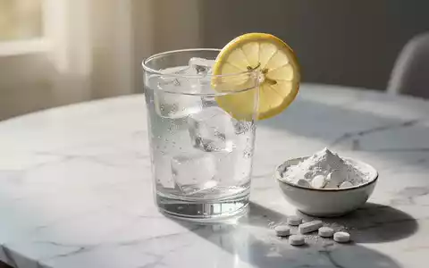 Ein Glas Mineralwasser mit Zitrone und Eiswürfeln neben Magnesium-Tabletten auf einem hellen Marmortisch im Sommerlicht. - Foto: über boerse-global.de