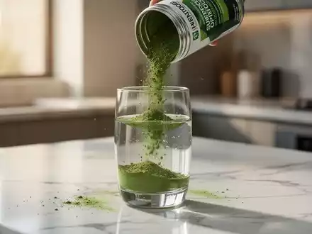 Grünes Nährstoffpulver wird in ein Glas Wasser eingerührt, umgeben von natürlichen Zutaten in einer modernen Küche. - Foto: über boerse-global.de