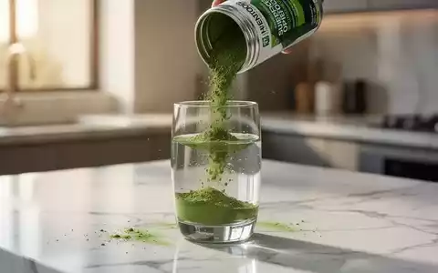 Grünes Nährstoffpulver wird in ein Glas Wasser eingerührt, umgeben von natürlichen Zutaten in einer modernen Küche. - Foto: über boerse-global.de