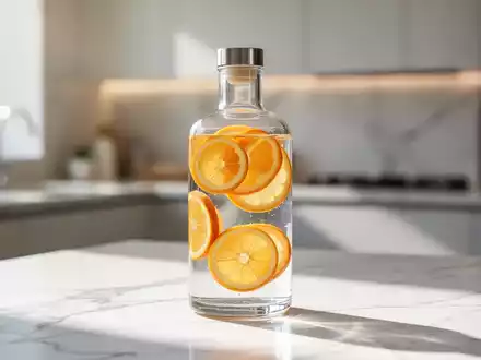 Eine moderne Glasflasche mit klarem Getränk und Zitrusfrüchten auf einer Marmoroberfläche in einem hellen Studio. - Foto: über boerse-global.de