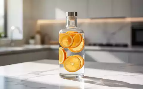 Eine moderne Glasflasche mit klarem Getränk und Zitrusfrüchten auf einer Marmoroberfläche in einem hellen Studio. - Foto: über boerse-global.de