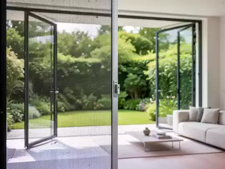 Modernes Wohnzimmer mit hochwertigem Insektenschutz am offenen Fenster und Blick in einen grünen Garten. - Foto: über boerse-global.de
