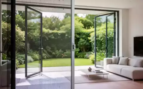 Modernes Wohnzimmer mit hochwertigem Insektenschutz am offenen Fenster und Blick in einen grünen Garten. - Foto: über boerse-global.de