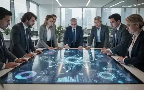 Ein Team arbeitet in einem modernen Büro an einer digitalen Oberfläche mit Datenvisualisierungen zur KI-Integration. - Foto: über boerse-global.de