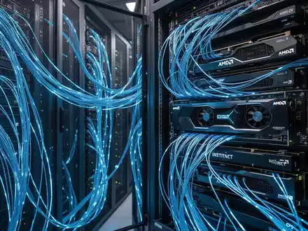 Hightech-Serverraum mit GPU-Hardware-Racks und blauen Glasfaserkabeln als KI-Infrastruktur. - Foto: über boerse-global.de