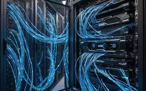 Hightech-Serverraum mit GPU-Hardware-Racks und blauen Glasfaserkabeln als KI-Infrastruktur. - Foto: über boerse-global.de
