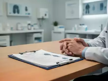 Ein medizinischer Beratungsraum mit Fokus auf eine Patientenakte und verschränkten Händen auf einem Schreibtisch. - Foto: über boerse-global.de
