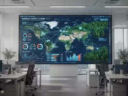 Ein moderner Bildschirm zeigt komplexe Datenvisualisierungen einer globalen Lieferkette und digitale Karten zur Überwachung von Waldgebieten. - Foto: über boerse-global.de