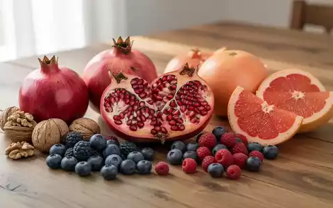 Gesunde Lebensmittel wie Granatapfel, Nüsse, Beeren und Grapefruit auf einem Holztisch zur Prävention von Lebererkrankungen. - Foto: über boerse-global.de