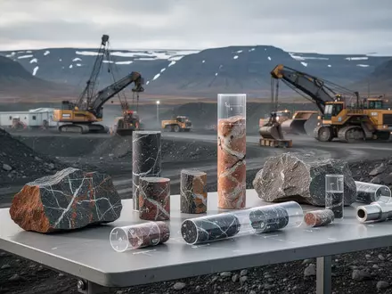 Geologische Gesteinsproben auf einem Tisch vor einer Bergbaustätte zur Ressourcenschätzung. - Foto: über boerse-global.de