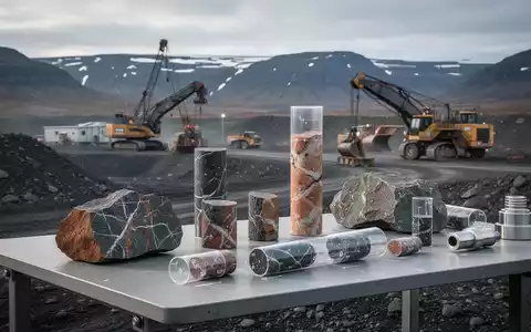 Geologische Gesteinsproben auf einem Tisch vor einer Bergbaustätte zur Ressourcenschätzung. - Foto: über boerse-global.de