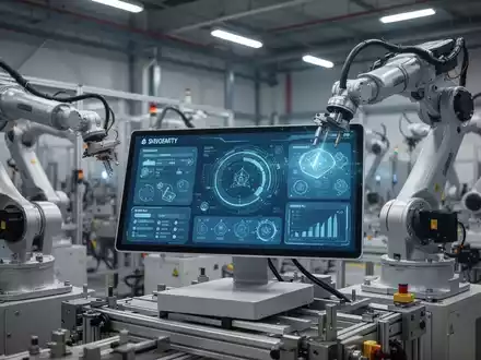 Moderne Industriehalle mit Roboterarmen und digitalem Sicherheits-Dashboard für die Gefährdungsbeurteilung. - Foto: über boerse-global.de