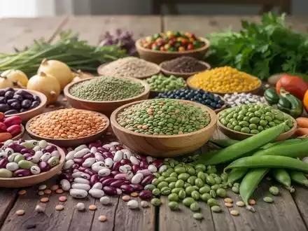 Eine Auswahl gesunder Hülsenfrüchte und pflanzlicher Lebensmittel auf einem Holztisch, symbolisch für entzündungshemmende Ernährung. - Foto: über boerse-global.de