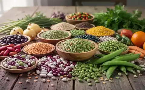 Eine Auswahl gesunder Hülsenfrüchte und pflanzlicher Lebensmittel auf einem Holztisch, symbolisch für entzündungshemmende Ernährung. - Foto: über boerse-global.de