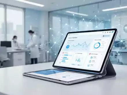 Modernes Tablet mit digitalem Gesundheits-Dashboard und abstrakten Netzwerklinien in einer Arztpraxis. - Foto: ĂŒber boerse-global.de