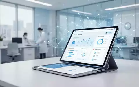 Modernes Tablet mit digitalem Gesundheits-Dashboard und abstrakten Netzwerklinien in einer Arztpraxis. - Foto: über boerse-global.de