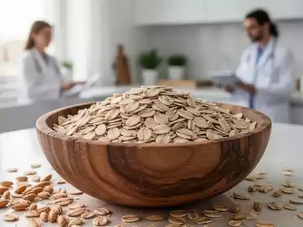 Eine rustikale Holzschale mit Hafer und Gerste vor einem unscharfen Hintergrund einer Ernährungsberatung. - Foto: über boerse-global.de