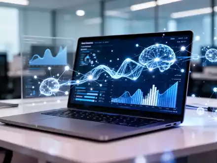 Moderner Büroarbeitsplatz mit Laptop, der Datenvisualisierung und KI-Neuronale-Netzwerk-Grafiken zeigt. - Foto: über boerse-global.de