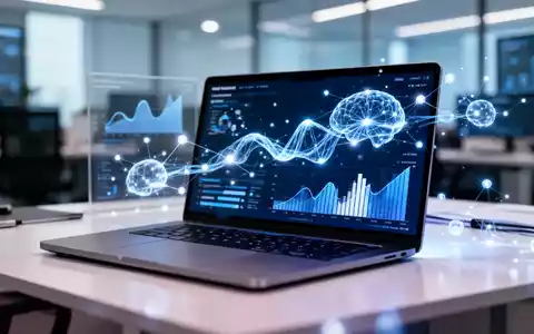 Moderner Büroarbeitsplatz mit Laptop, der Datenvisualisierung und KI-Neuronale-Netzwerk-Grafiken zeigt. - Foto: über boerse-global.de