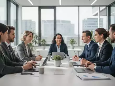 Diverses Team in einem modernen Bürogebäude im Gespräch bei der Arbeit. - Foto: über boerse-global.de