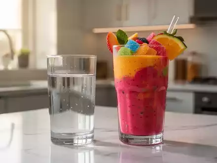 Ein Glas frisches Wasser neben einem Glas Fruchtsaft auf einem Holztisch, beleuchtet durch sanftes Morgenlicht. - Foto: über boerse-global.de