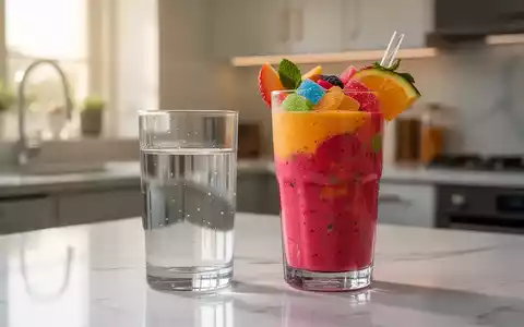 Ein Glas frisches Wasser neben einem Glas Fruchtsaft auf einem Holztisch, beleuchtet durch sanftes Morgenlicht. - Foto: über boerse-global.de