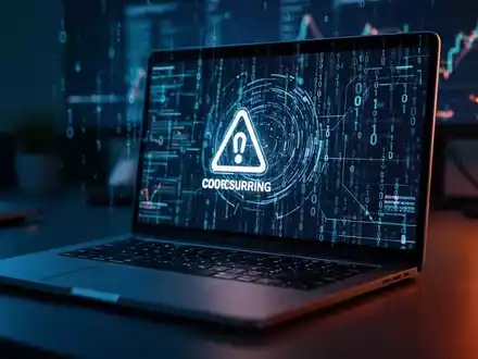 Laptop-Bildschirm mit abstrakten binären Daten und einem Sicherheitssymbol als Metapher für Cyber-Sicherheit. - Foto: über boerse-global.de