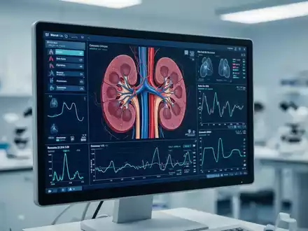 Ein medizinischer Monitor zeigt komplexe Nierenanalysen und Gesundheitsdaten in einem modernen klinischen Umfeld. - Foto: über boerse-global.de