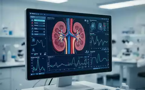 Ein medizinischer Monitor zeigt komplexe Nierenanalysen und Gesundheitsdaten in einem modernen klinischen Umfeld. - Foto: über boerse-global.de