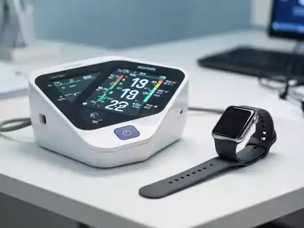 Digitales Blutdruckmessgerät und eine moderne Smartwatch auf einem Schreibtisch zur medizinischen Überwachung. - Foto: über boerse-global.de
