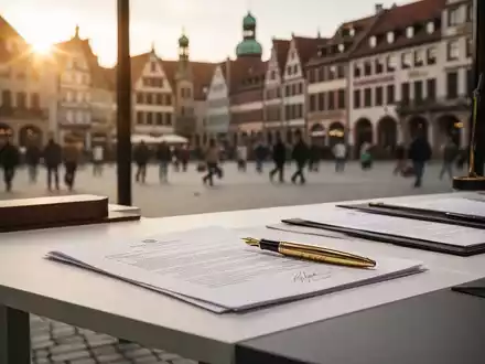 Ein Schreibtisch mit juristischen Dokumenten und einem Füllfederhalter vor dem unscharfen Hintergrund eines Stadtplatzes. - Foto: über boerse-global.de