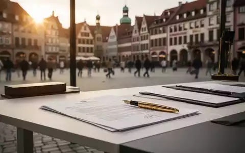 Ein Schreibtisch mit juristischen Dokumenten und einem Füllfederhalter vor dem unscharfen Hintergrund eines Stadtplatzes. - Foto: über boerse-global.de