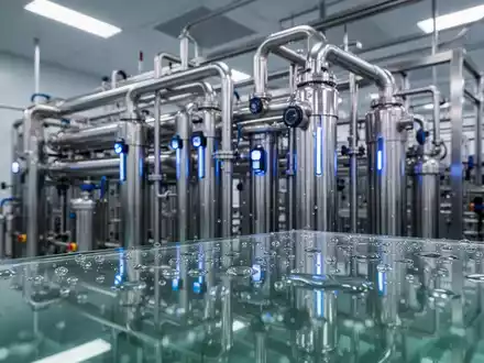 Moderne industrielle Wasseraufbereitungsanlage in einer Halbleiterfabrik mit glänzenden Rohren und Wassertropfen. - Foto: über boerse-global.de