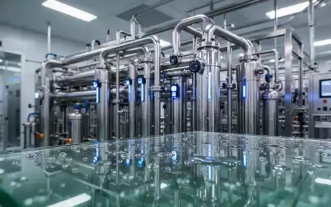 Moderne industrielle Wasseraufbereitungsanlage in einer Halbleiterfabrik mit glänzenden Rohren und Wassertropfen. - Foto: über boerse-global.de