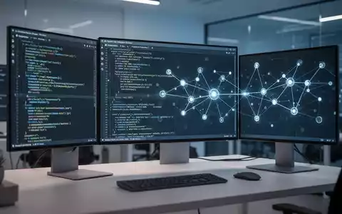 Moderner Tech-Arbeitsplatz mit Monitoren, die komplexen Code und Netzwerkknoten zeigen, als Symbol für Mensch-KI-Kollaboration. - Foto: über boerse-global.de